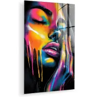 MuchoWow Glasschilderij 80x120 cm - Schilderij acrylglas - Vrouw - Gezicht - Verf - Kunstzinnig - Foto op glas - Muurdecoratie woonkamer - Wanddecoratie slaapkamer - Schilderijen