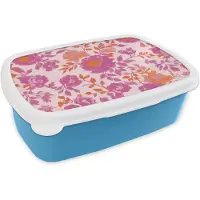 MuchoWow Broodtrommel Blauw - Lunchbox Bloemenpatroon - Roze - Oranje - Bloemen - Brooddoos 18x12x6 cm - Brood lunch box - Broodtrommels voor kinderen en volwassenen
