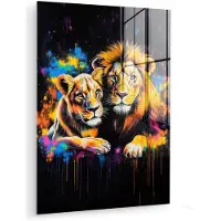 MuchoWow Glasschilderij 90x120 cm - Schilderij acrylglas - Leeuwen - Schilderij - Kleuren - Foto op glas - Muurdecoratie woonkamer - Wanddecoratie slaapkamer - Schilderijen