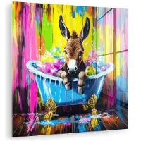 MuchoWow Glasschilderij 90x90 cm - Schilderij acrylglas - Ezel - Badkuip - Roze - Schuim - Foto op glas - Muurdecoratie woonkamer - Wanddecoratie slaapkamer - Schilderijen