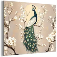 MuchoWow Aluminium schilderij 160x120 cm - Wanddecoratie metaal - Pauw - Tak - Bloemen - Metalen muurdecoratie woonkamer - Decoratie industrieel - Foto op dibond - Industriële accessoires slaapkamer