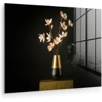 MuchoWow Glasschilderij 40x30 cm - Schilderij acrylglas - Sierlijk - Boeket - Goud - Vaas - Foto op glas - Muurdecoratie woonkamer - Wanddecoratie slaapkamer - Schilderijen