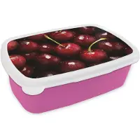 MuchoWow Broodtrommel Roze - Lunchbox Rood - Fruit - Kersen - Brooddoos 18x12x6 cm - Brood lunch box - Broodtrommels voor kinderen en volwassenen
