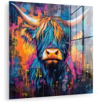 MuchoWow Glasschilderij 20x20 cm - Schilderij acrylglas - Schotse Hooglander - Abstract - Kleurrijk - Foto op glas - Muurdecoratie woonkamer - Wanddecoratie slaapkamer - Schilderijen