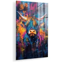 MuchoWow Glasschilderij 40x60 cm - Schilderij acrylglas - Schotse Hooglander - Abstract - Kleurrijk - Foto op glas - Muurdecoratie woonkamer - Wanddecoratie slaapkamer - Schilderijen