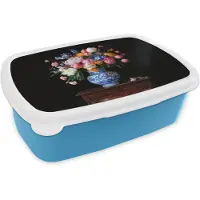 MuchoWow Broodtrommel Blauw - Lunchbox Rozen - Bloemen - Vaas - Boeket - Brooddoos 18x12x6 cm - Brood lunch box - Broodtrommels voor kinderen en volwassenen