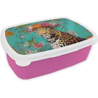 MuchoWow Broodtrommel Roze - Lunchbox Luipaard - Bloemen - Kroon - Brooddoos 18x12x6 cm - Brood lunch box - Broodtrommels voor kinderen en volwassenen