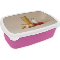 MuchoWow Broodtrommel Roze - Lunchbox Spaghetti - Melk - Tomaten - Eieren - Brood - Brooddoos 18x12x6 cm - Brood lunch box - Broodtrommels voor kinderen en volwassenen