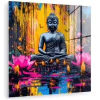 MuchoWow Glasschilderij 50x50 cm - Schilderij acrylglas - Buddha - Bloemen - Kaarsen - Geel - Foto op glas - Muurdecoratie woonkamer - Wanddecoratie slaapkamer - Schilderijen