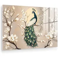 MuchoWow Glasschilderij 60x40 cm - Schilderij acrylglas - Pauw - Tak - Bloemen - Foto op glas - Muurdecoratie woonkamer - Wanddecoratie slaapkamer - Schilderijen