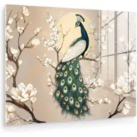 MuchoWow Glasschilderij 80x60 cm - Schilderij acrylglas - Pauw - Tak - Bloemen - Foto op glas - Muurdecoratie woonkamer - Wanddecoratie slaapkamer - Schilderijen