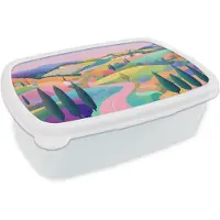 MuchoWow Broodtrommel Wit - Lunchbox Landschap - Paars - Pastel - Huizen - Brooddoos 18x12x6 cm - Brood lunch box - Broodtrommels voor kinderen en volwassenen