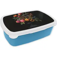MuchoWow Broodtrommel Blauw - Lunchbox Tulpen - Bessen - Boeket - Vaas - Brooddoos 18x12x6 cm - Brood lunch box - Broodtrommels voor kinderen en volwassenen