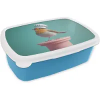 MuchoWow Broodtrommel Blauw - Lunchbox Roodborstje - Vogel - Koksmuts - Sokkel - Brooddoos 18x12x6 cm - Brood lunch box - Broodtrommels voor kinderen en volwassenen