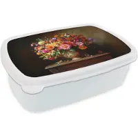 MuchoWow Broodtrommel Wit - Lunchbox Kleuren - Boeket - Vaas - Hout - Brooddoos 18x12x6 cm - Brood lunch box - Broodtrommels voor kinderen en volwassenen