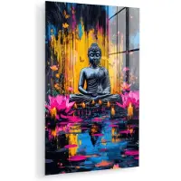 MuchoWow Glasschilderij 100x150 cm - Schilderij acrylglas - Buddha - Bloemen - Kaarsen - Geel - Foto op glas - Muurdecoratie woonkamer - Wanddecoratie slaapkamer - Schilderijen