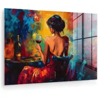 MuchoWow Glasschilderij 90x60 cm - Schilderij acrylglas - Wijn - Vrouw - Sfeervol - Kleurrijk - Foto op glas - Muurdecoratie woonkamer - Wanddecoratie slaapkamer - Schilderijen