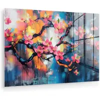 MuchoWow Glasschilderij 90x60 cm - Schilderij acrylglas - Bloemen - Tak - Artistiek - Roze - Foto op glas - Muurdecoratie woonkamer - Wanddecoratie slaapkamer - Schilderijen