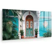 MuchoWow Glasschilderij 80x40 cm - Schilderij acrylglas - Zuilen - Sierlijke - Deur - Blauw - Foto op glas - Muurdecoratie woonkamer - Wanddecoratie slaapkamer - Schilderijen