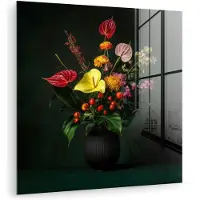 MuchoWow Glasschilderij 50x50 cm - Schilderij acrylglas - Bloemen - Vaas - Zwart - Foto op glas - Muurdecoratie woonkamer - Wanddecoratie slaapkamer - Schilderijen