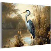 MuchoWow Aluminium schilderij 30x20 cm - Wanddecoratie metaal - Reiger - Water - Planten - Metalen muurdecoratie woonkamer - Decoratie industrieel - Foto op dibond - Industriële accessoires slaapkamer