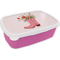 MuchoWow Broodtrommel Roze - Lunchbox Cowboylaarzen - Roze - Boeket - Bloemen - Brooddoos 18x12x6 cm - Brood lunch box - Broodtrommels voor kinderen en volwassenen