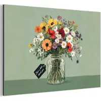 MuchoWow Aluminium schilderij 180x120 cm - Wanddecoratie metaal - Bloemen - Vaas - Kaartje - Metalen muurdecoratie woonkamer - Decoratie industrieel - Foto op dibond - Industriële accessoires slaapkamer