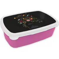 MuchoWow Broodtrommel Roze - Lunchbox Klassiek - Vaas - Boeket - Bloemen - Brooddoos 18x12x6 cm - Brood lunch box - Broodtrommels voor kinderen en volwassenen