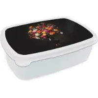 MuchoWow Broodtrommel Wit - Lunchbox Kleurrijk - Boeket - Vaas - Donkerbruin - Brooddoos 18x12x6 cm - Brood lunch box - Broodtrommels voor kinderen en volwassenen