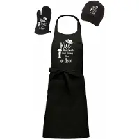 Kariban Mijncadeautje - Barbecue Voordeelset - BBQ Schort + BBQ Handschoen + BBQ Cap - Kiss the Cook and bring him beer - zwart