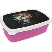 MuchoWow Broodtrommel Roze - Lunchbox Roze - Bloemen - Vaas - Kleuren - Brooddoos 18x12x6 cm - Brood lunch box - Broodtrommels voor kinderen en volwassenen