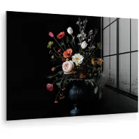 MuchoWow Glasschilderij 60x40 cm - Schilderij acrylglas - Bloemstuk - Vaas - Zwart - Foto op glas - Muurdecoratie woonkamer - Wanddecoratie slaapkamer - Schilderijen