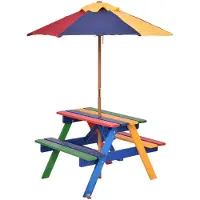 Costway Kinderzitgroep met parasol, kinderzitset van massief hout, picknicktafel, zitgroep buiten, tuinmeubelen voor buiten, kleurrijk