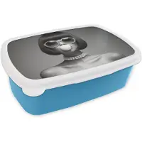 MuchoWow Broodtrommel Blauw - Lunchbox Vrouw - Zwart Wit - Ketting - Zonnebril - Brooddoos 18x12x6 cm - Brood lunch box - Broodtrommels voor kinderen en volwassenen
