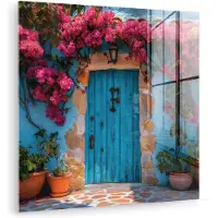 MuchoWow Glasschilderij 90x90 cm - Schilderij acrylglas - Deur - Hout - Bloemen - Blauw - Foto op glas - Muurdecoratie woonkamer - Wanddecoratie slaapkamer - Schilderijen