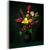 MuchoWow Aluminium schilderij 50x50 cm - Wanddecoratie metaal - Bloemen - Vaas - Zwart - Metalen muurdecoratie woonkamer - Decoratie industrieel - Foto op dibond - Industriële accessoires slaapkamer