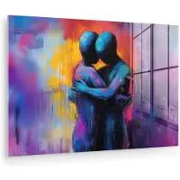 MuchoWow Glasschilderij 150x100 cm - Schilderij acrylglas - Omarmen - Lichamen - Paars - Foto op glas - Muurdecoratie woonkamer - Wanddecoratie slaapkamer - Schilderijen
