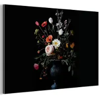MuchoWow Aluminium schilderij 180x120 cm - Wanddecoratie metaal - Bloemstuk - Vaas - Zwart - Metalen muurdecoratie woonkamer - Decoratie industrieel - Foto op dibond - Industriële accessoires slaapkamer