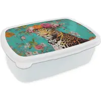 MuchoWow Broodtrommel Wit - Lunchbox Luipaard - Bloemen - Kroon - Brooddoos 18x12x6 cm - Brood lunch box - Broodtrommels voor kinderen en volwassenen