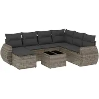 The Living Store Lounge Set - Loungebank - 8-delige Loungeset met kussens poly rattan grijs - Buitendiner - Tuinlounge - Patio Furniture