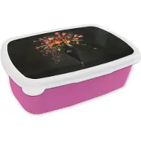 MuchoWow Broodtrommel Roze - Lunchbox Sierlijk - Boeket - Vaas - Brooddoos 18x12x6 cm - Brood lunch box - Broodtrommels voor kinderen en volwassenen