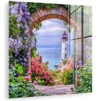 MuchoWow Glasschilderij 50x50 cm - Schilderij acrylglas - Doorkijk - Vuurtoren - Bloemen - Uitzicht - Foto op glas - Muurdecoratie woonkamer - Wanddecoratie slaapkamer - Schilderijen