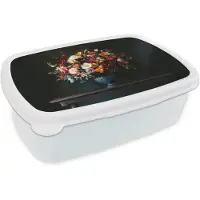 MuchoWow Broodtrommel Wit - Lunchbox Groot - Bloemen - Vaas - Boeket - Brooddoos 18x12x6 cm - Brood lunch box - Broodtrommels voor kinderen en volwassenen