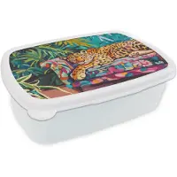 MuchoWow Broodtrommel Wit - Lunchbox Luipaard - Kleurrijk - Tropisch - Brooddoos 18x12x6 cm - Brood lunch box - Broodtrommels voor kinderen en volwassenen
