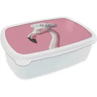 MuchoWow Broodtrommel Wit - Lunchbox Flamingo - Roze - Koksmuts - Vogel - Brooddoos 18x12x6 cm - Brood lunch box - Broodtrommels voor kinderen en volwassenen