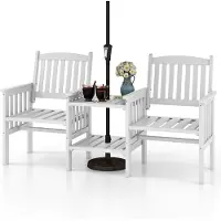 Costway Tuinbank met tafel, 2-zitsbank met 5 cm parasolgat, houten bank van dennenhout tot 330 kg, zitbank, outdoor, tuinstoel voor balkon, tuin, terras, 165 x 60 x 88 cm, wit