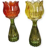 DK Design Daan Kromhout - Waxine houders - Kaarsenhouders - Set van 2 - Tulp - Glas - Oranje en Geel - 7x18cm