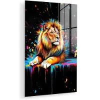 MuchoWow Glasschilderij 120x180 cm - Schilderij acrylglas - Leeuw - Kleurrijk - Spetters - Foto op glas - Muurdecoratie woonkamer - Wanddecoratie slaapkamer - Schilderijen