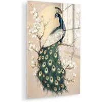 MuchoWow Glasschilderij 80x120 cm - Schilderij acrylglas - Pauw - Tak - Bloemen - Foto op glas - Muurdecoratie woonkamer - Wanddecoratie slaapkamer - Schilderijen