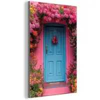 MuchoWow Aluminium schilderij 120x180 cm - Wanddecoratie metaal - Bloemen - Deur - Roze - Metalen muurdecoratie woonkamer - Decoratie industrieel - Foto op dibond - Industriële accessoires slaapkamer